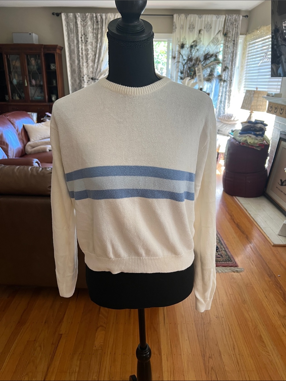 White Sweater with Light Blue Stripes Brandy Melville- made in italy 100% cotton